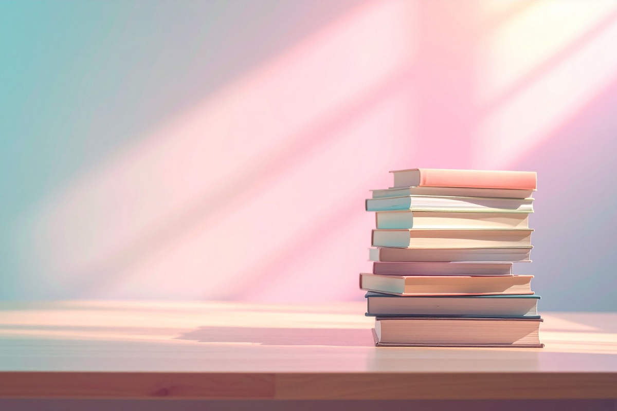 pile of books on table