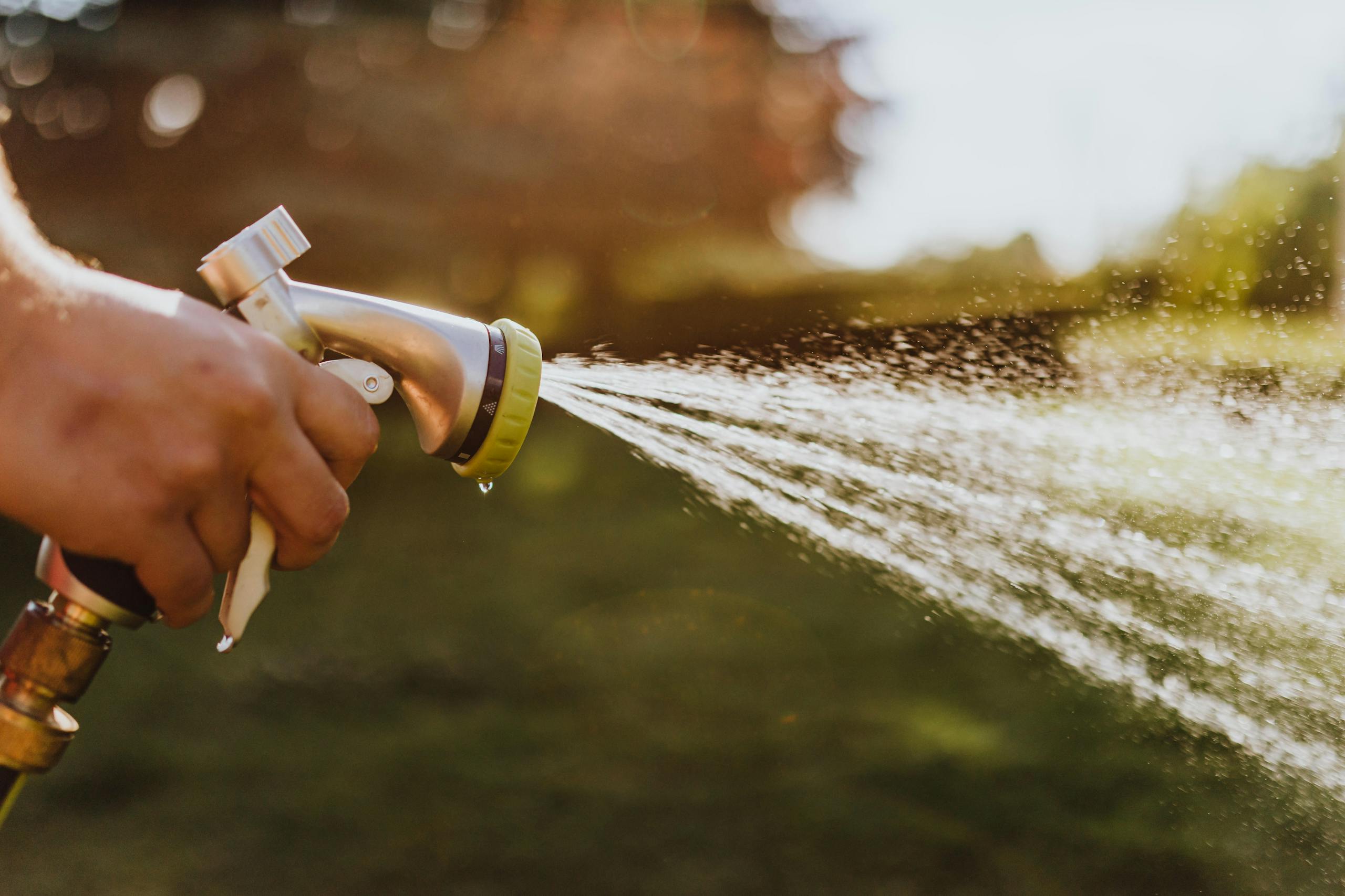 Close-up of a hand holding a garden hose, spraying water outdoors on a sunny day.
