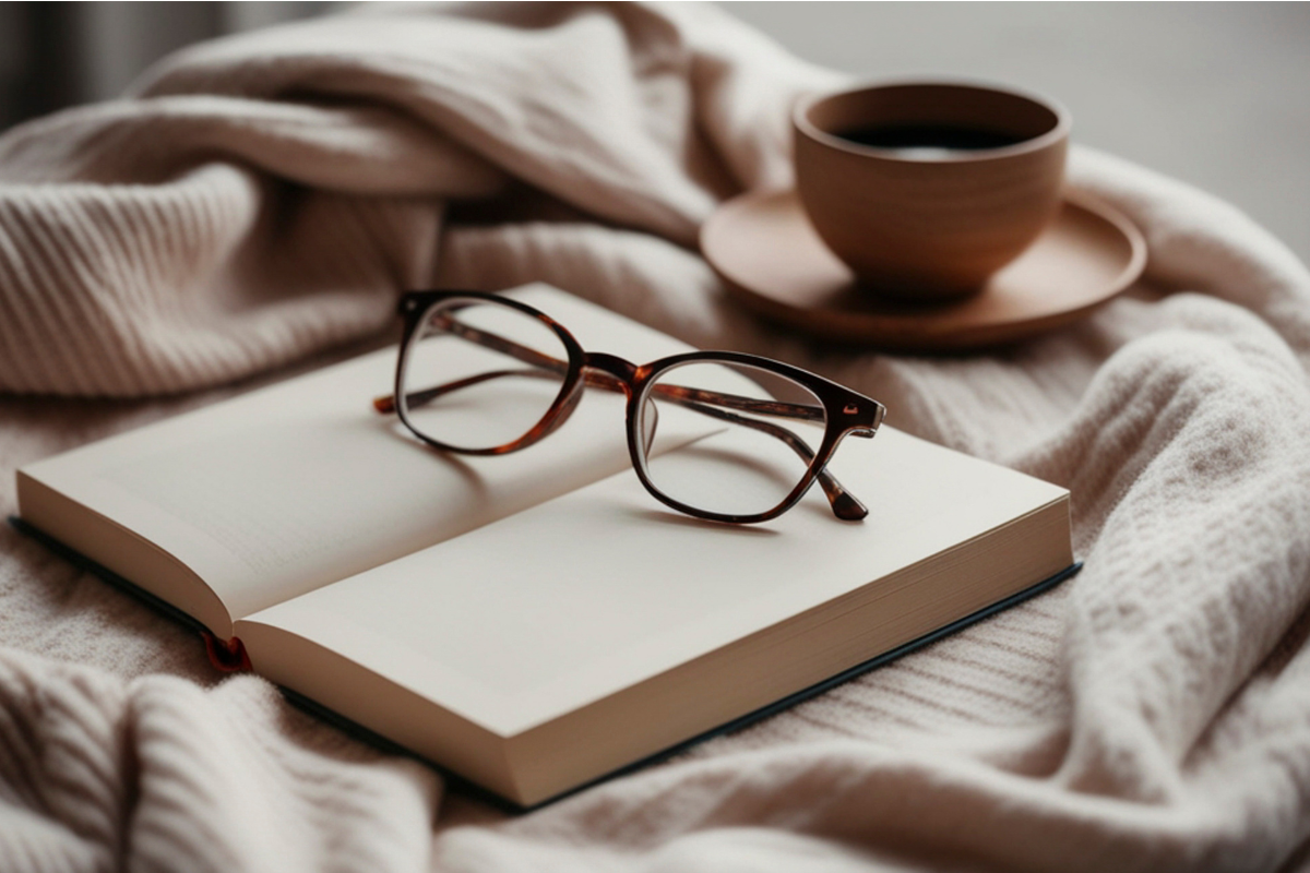 mug and glasses with book on blanket