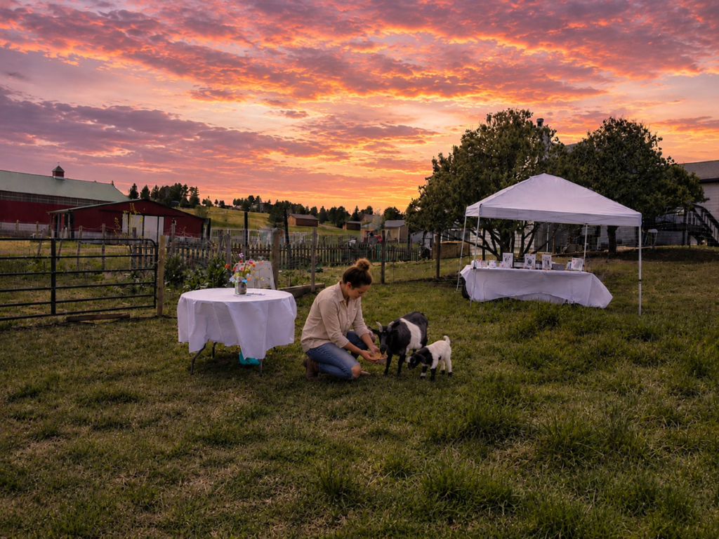 woman sitting with goats